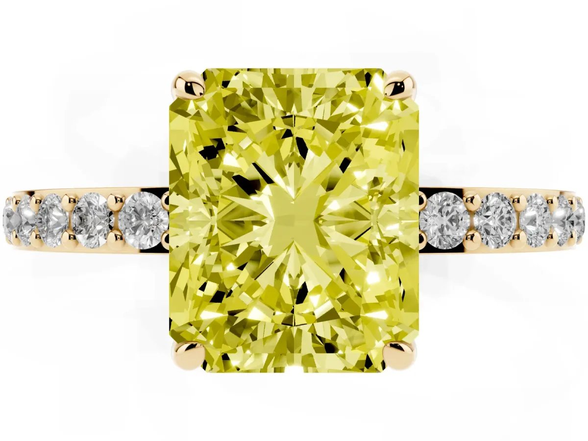 Fancy Yellow Radiant Cut Diamond Pavé Engagement Ring with Round Accents and Prong Setting Yellow gold