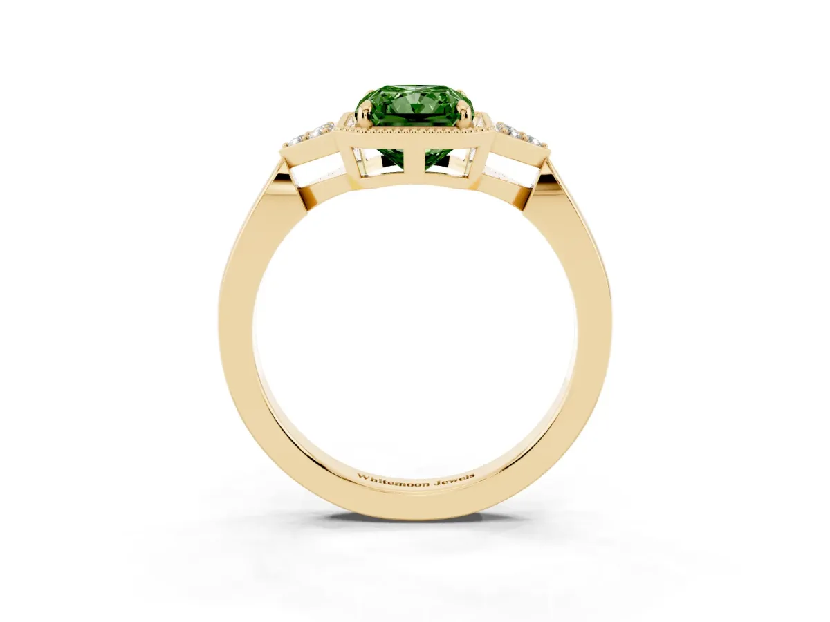 Fancy Green Hexagonal Halo Radiant Cut Diamond Solitaire with Pavé Band and Four-Prong Setting Yellow gold