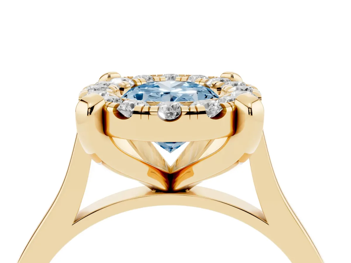Fancy Blue Oval Cut Diamond Cluster Halo Solitaire with Four-Prong Setting Yellow gold