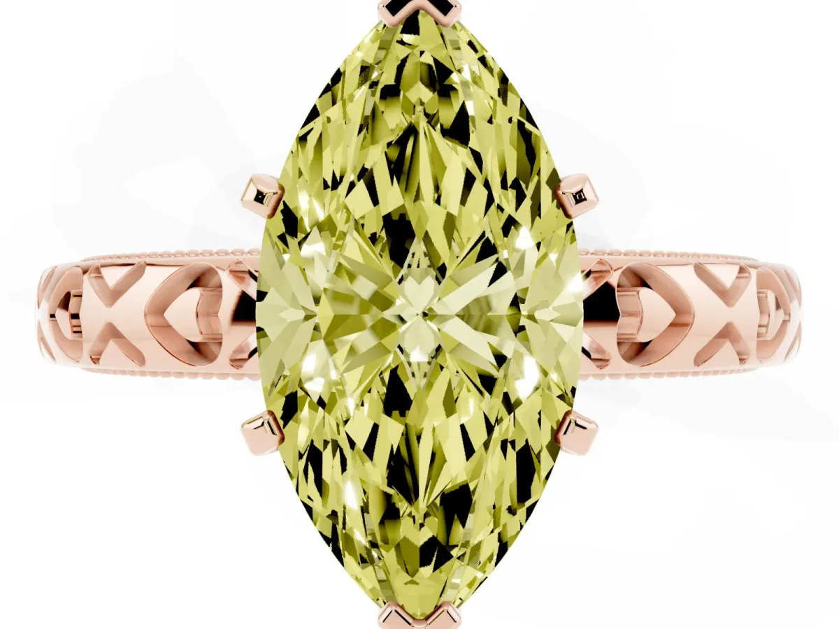 Fancy Yellow Marquise Cut Solitaire Diamond Engagement Ring with XO Engraved Band and Four-Prong Setting Rose gold