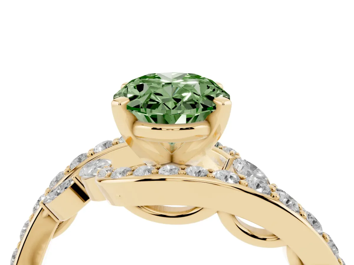 Fancy Green Oval Cut Solitaire with Pavé Twist Band and Four-Prong Setting Yellow gold