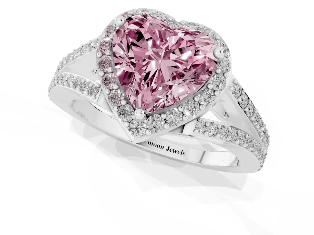 Fancy Pink Heart Cut Halo Split Shank Diamond Ring with Prong Setting Silver