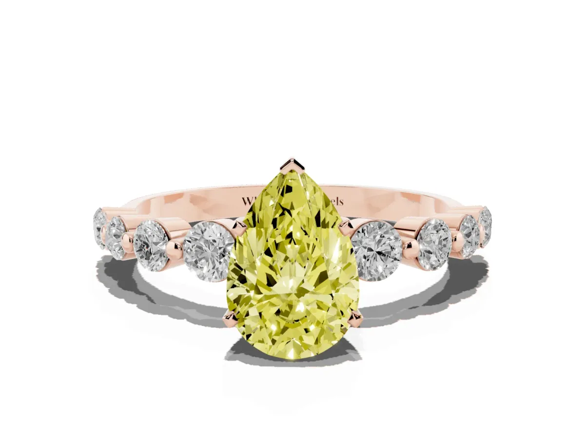Fancy Yellow Pear Cut Solitaire Diamond Ring with Pave Band and Four-Prong Setting Rose gold