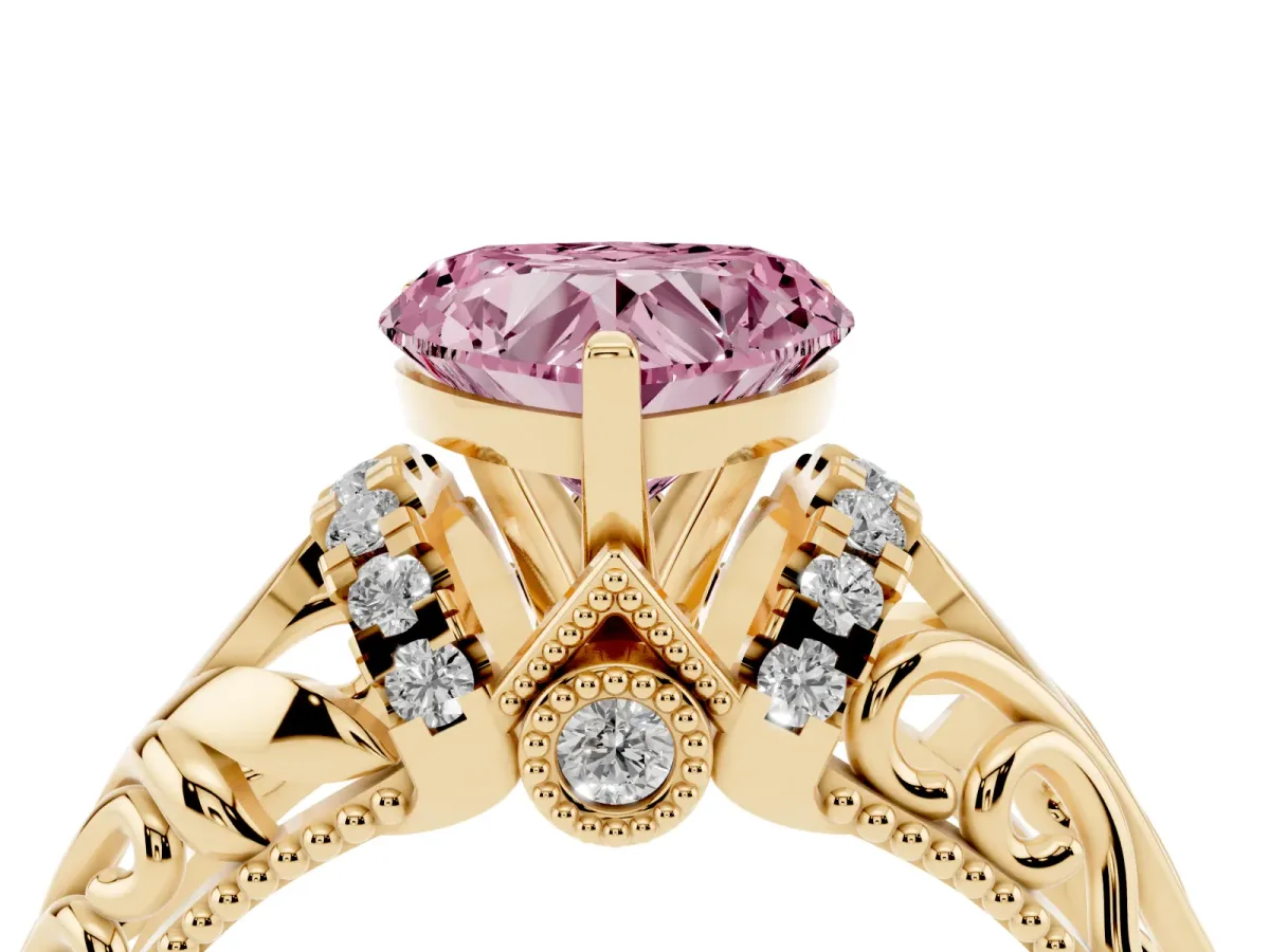 Fancy Pink Heart Cut Solitaire Filigree Engagement Ring with Halo and Prong Setting Yellow gold
