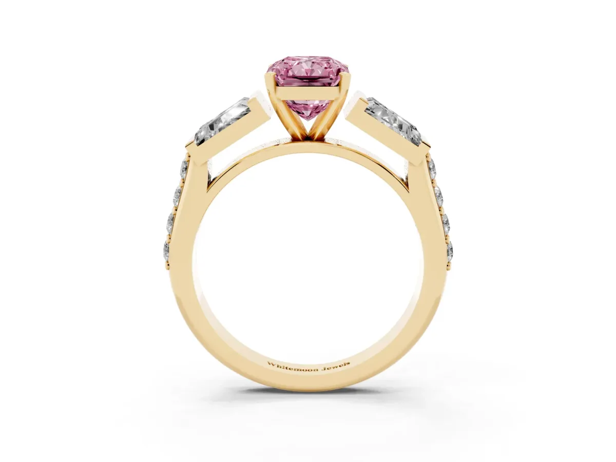 Fancy Pink Radiant Cut Diamond Engagement Ring with Baguette Side Stones and Channel Set Band Yellow gold