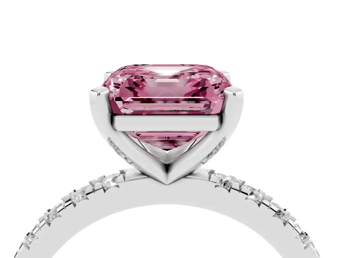 Fancy Pink Asscher Cut Diamond Pavé Band Solitaire with Four-Prong Setting Silver