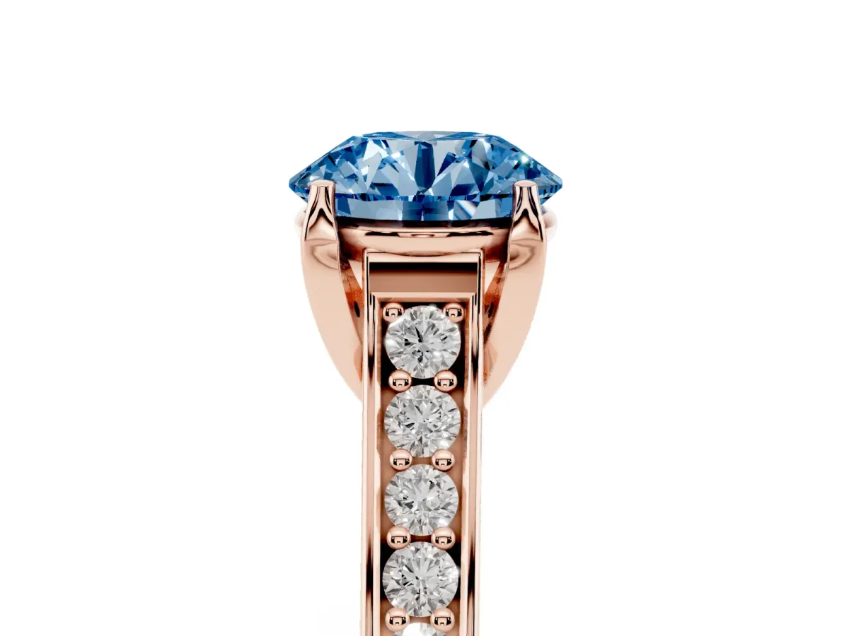 Fancy Blue Round Cut Brilliant Cut Diamond Engagement Ring with Pavé Band and Four-Prong Setting Rose gold