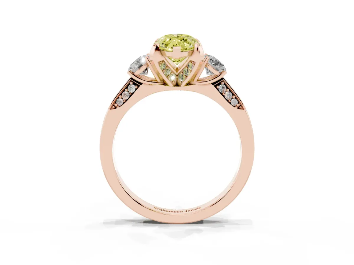 Fancy Yellow Marquise Cut Brilliant Three-Stone Diamond Ring with Pavé Band and Four-Prong Setting Rose gold