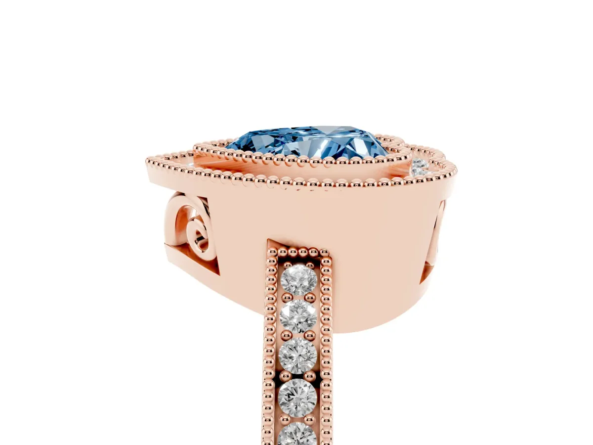Fancy Blue Heart Cut Cut Halo Diamond Ring with Pavé Band and Milgrain Prong Setting Rose gold