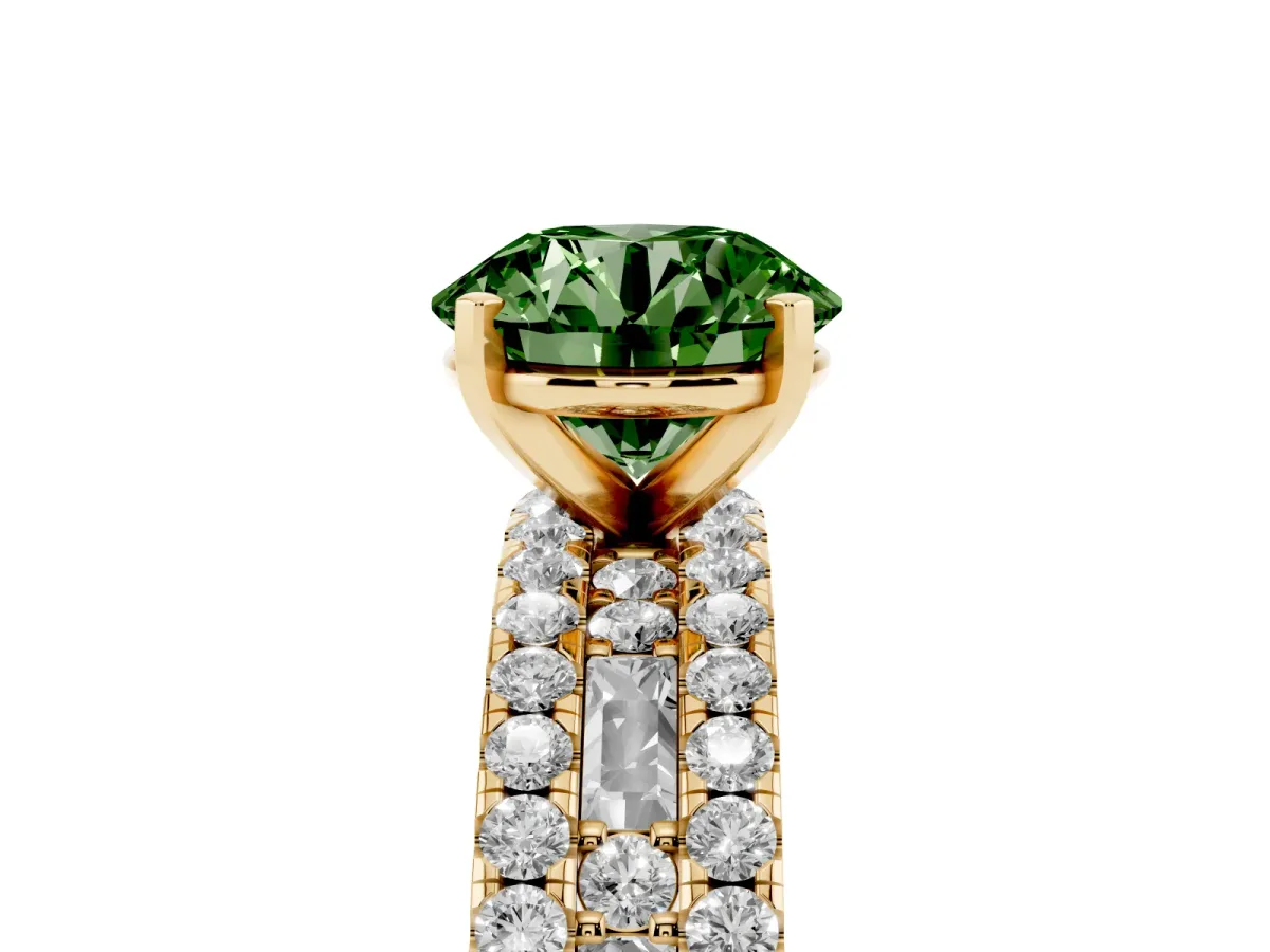 Fancy Green Round Cut Diamond Solitaire Ring with Pavé and Channel Set Band Yellow gold