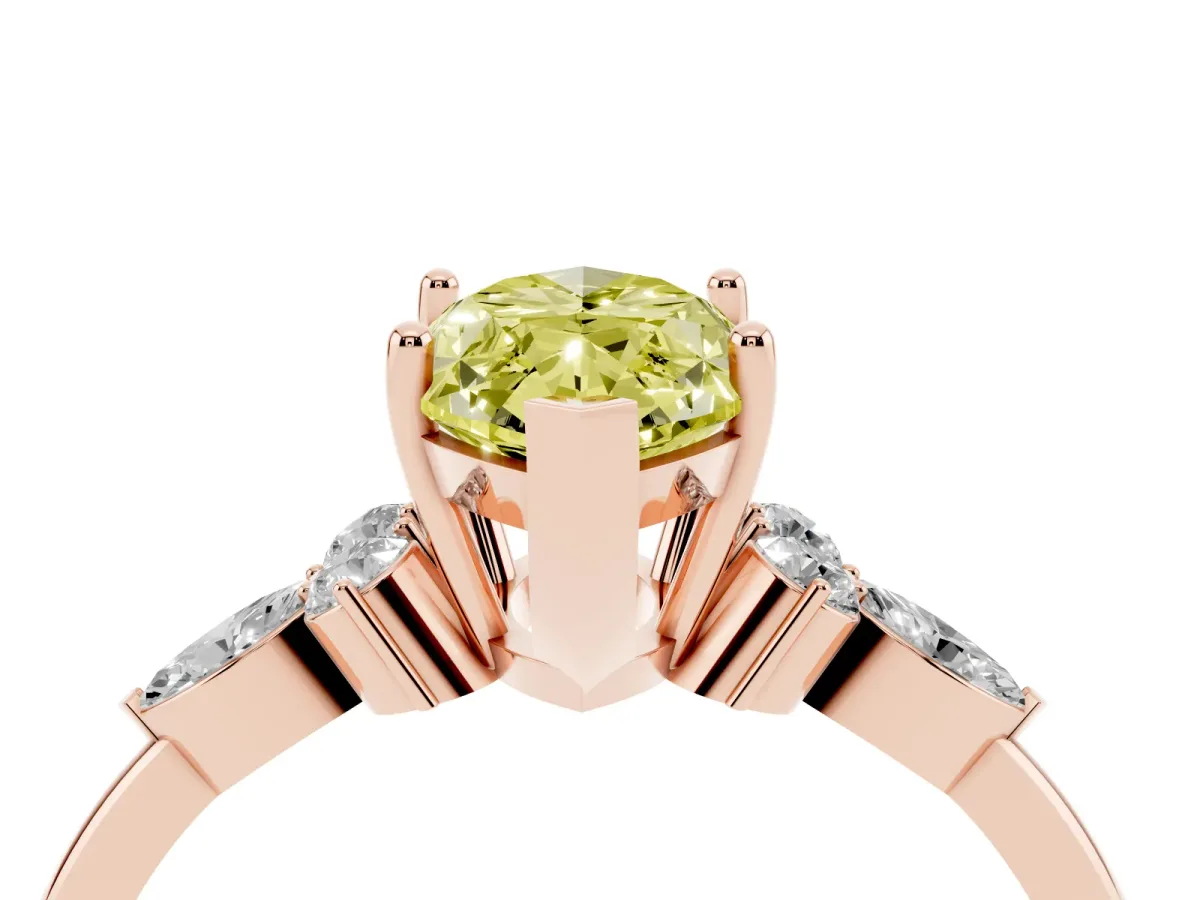 Fancy Yellow Marquise Cut Brilliant Diamond Solitaire Ring with Pear Side Stones and Four-Prong Setting Rose gold