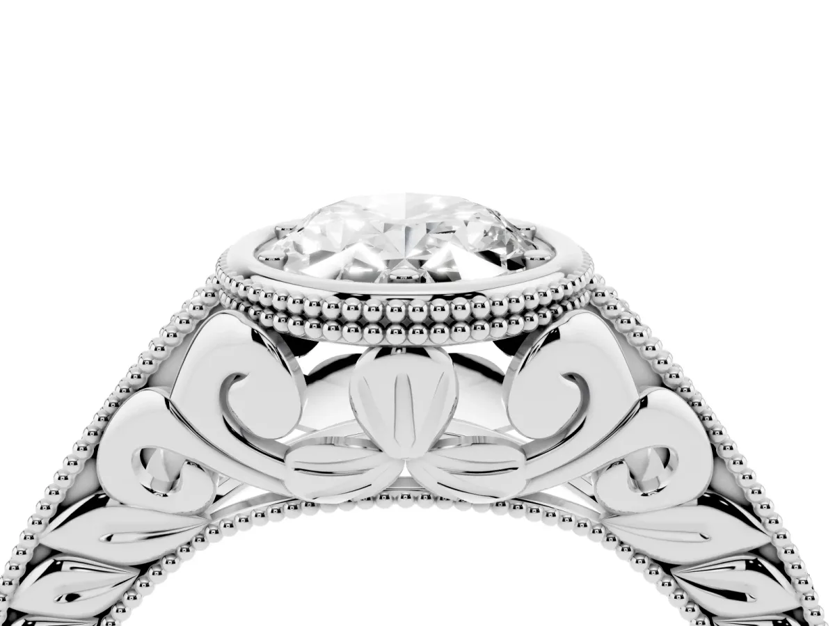 Bezel Set Oval Cut Diamond Milgrain Pave Engagement Ring Silver