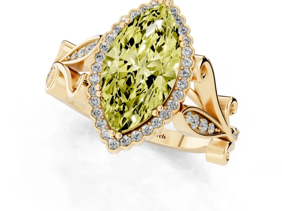 Fancy Yellow Marquise Cut Diamond Halo Ring with Vintage Split Shank and Four-Prong Setting Yellow gold