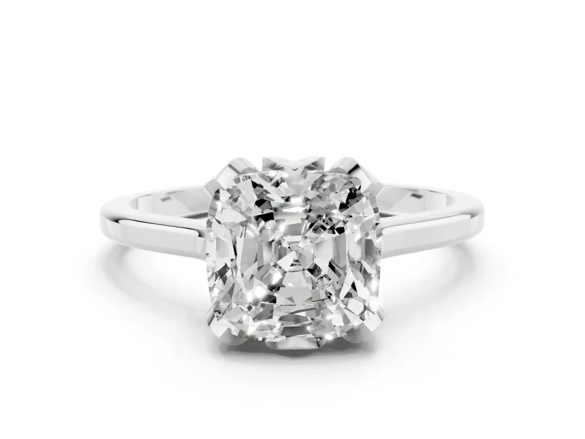 Cushion Cut Diamond Solitaire Ring with Flower Prong Setting and Classic Band Silver