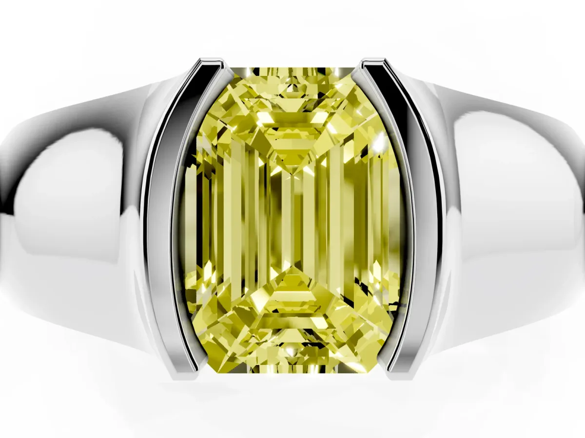 Fancy Yellow Emerald Cut Solitaire Bezel Set Diamond Ring with Wide Band Platinum
