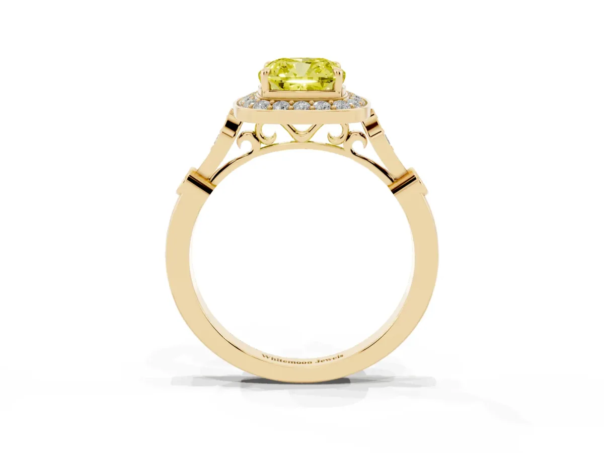 Fancy Yellow Cushion Cut Halo Diamond Engagement Ring with Twisted Band and Four-Prong Setting Yellow gold