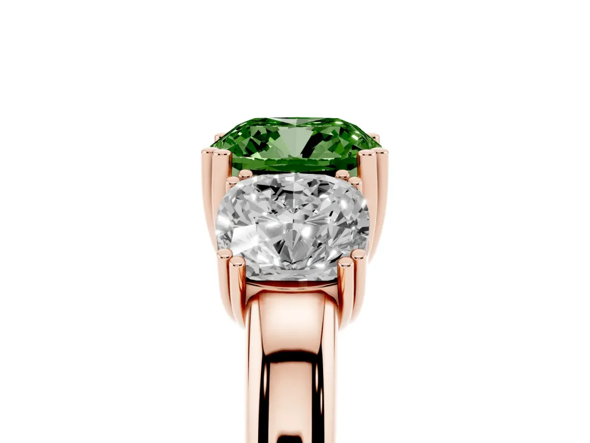 Fancy Green Three-Stone Cushion Cut Cut Diamond Ring with Channel Set Band and Four-Prong Setting Rose gold