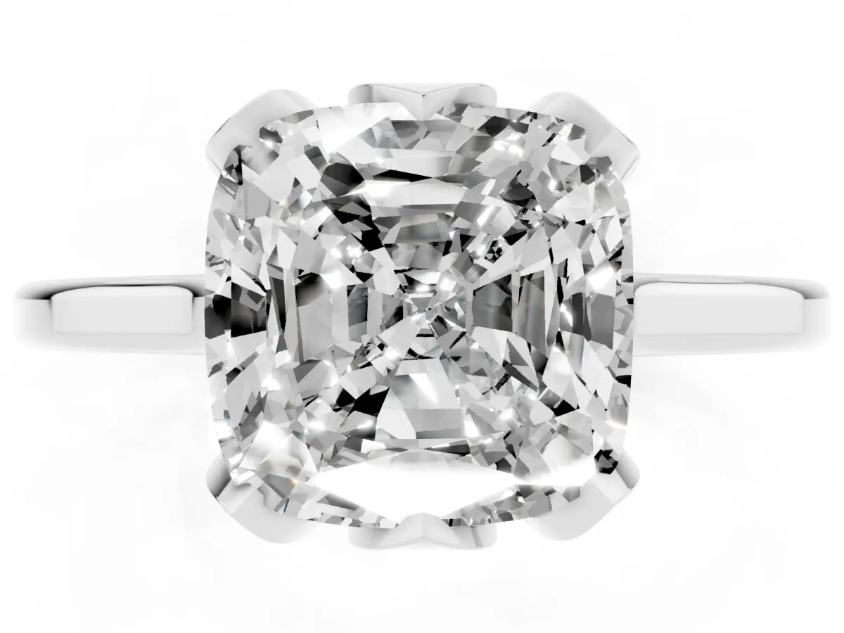 Cushion Cut Diamond Solitaire Ring with Flower Prong Setting and Classic Band Silver