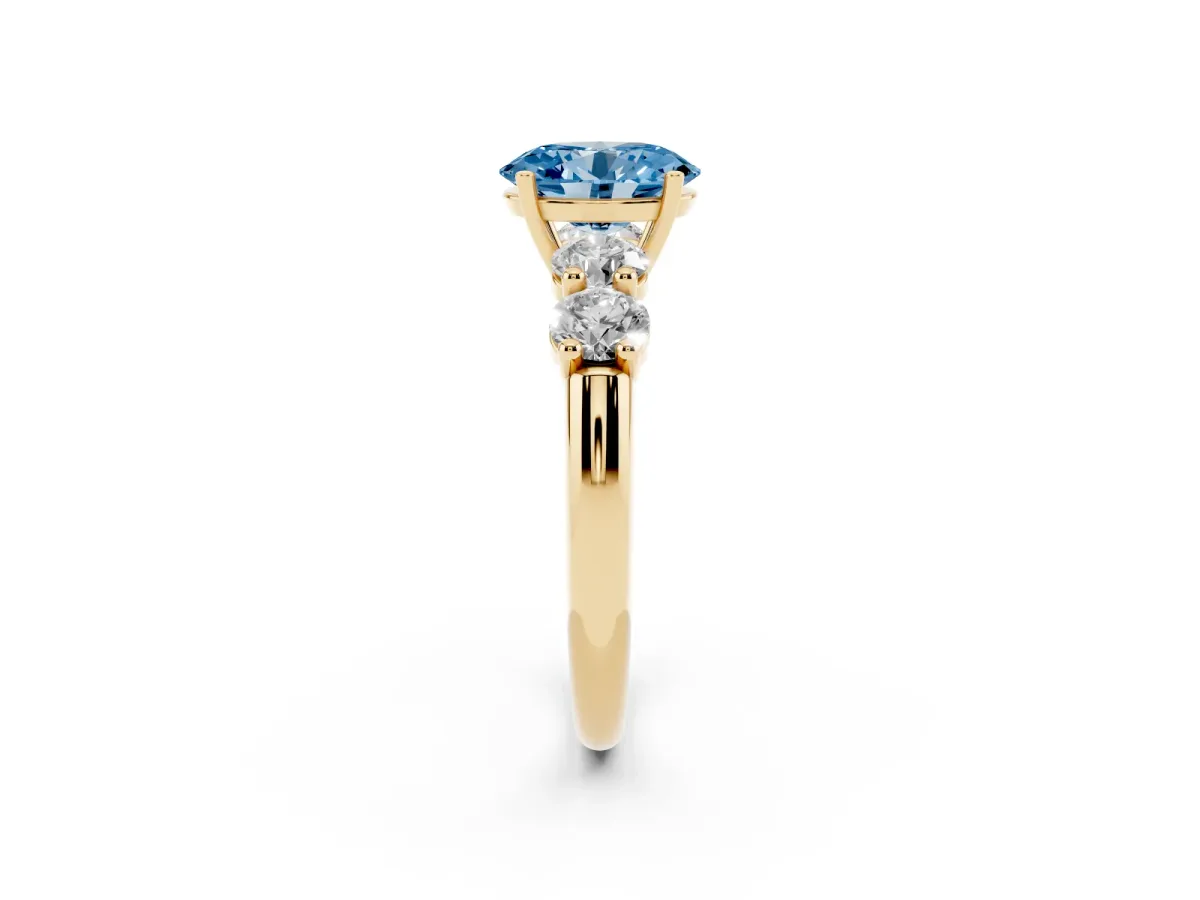 Fancy Blue Oval Cut Cut Five-Stone Prong Set Diamond Ring with Classic Band Yellow gold