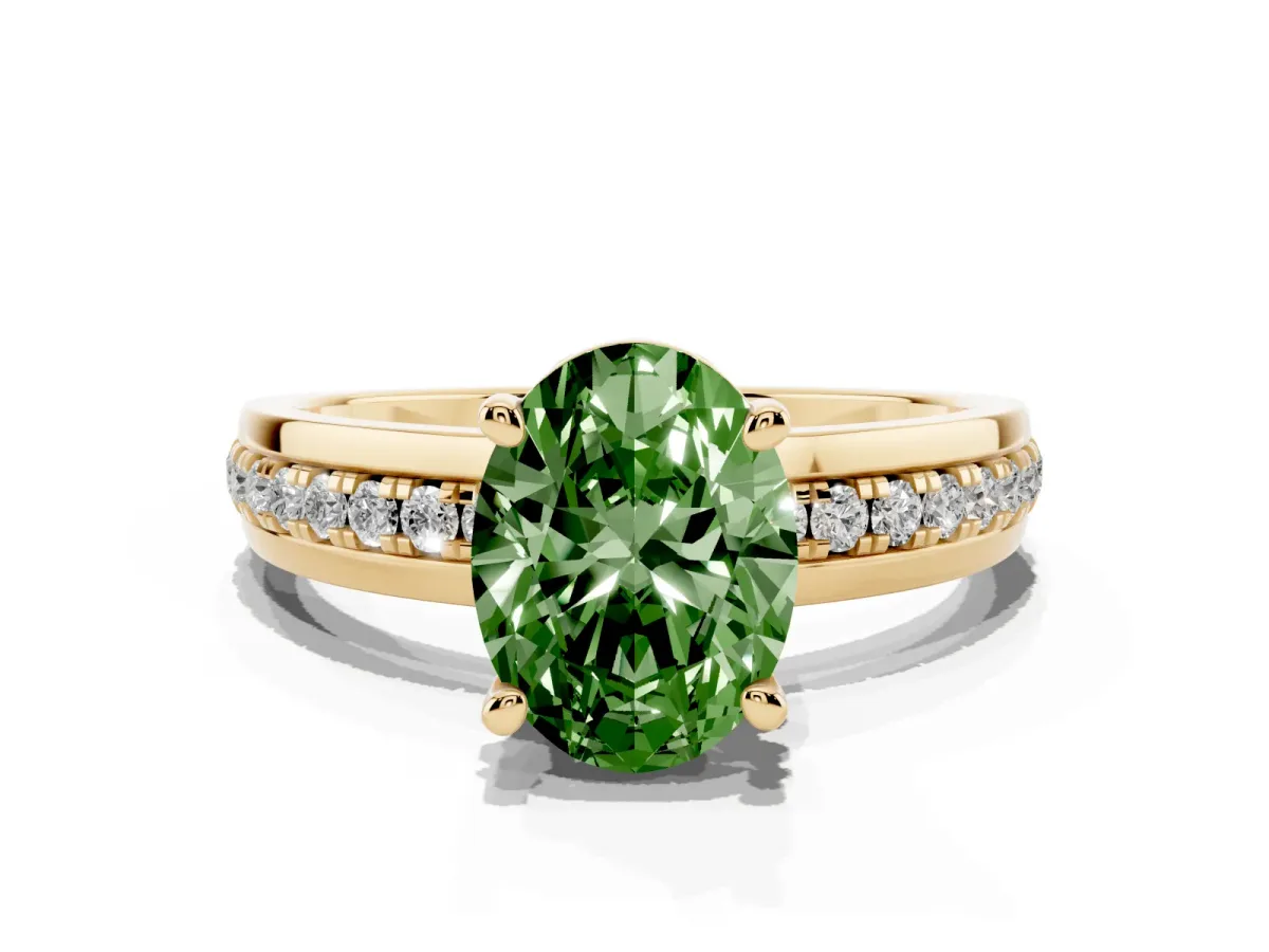Fancy Green Oval Cut Solitaire Diamond Ring with Channel Set Band and Six-Prong Setting Yellow gold