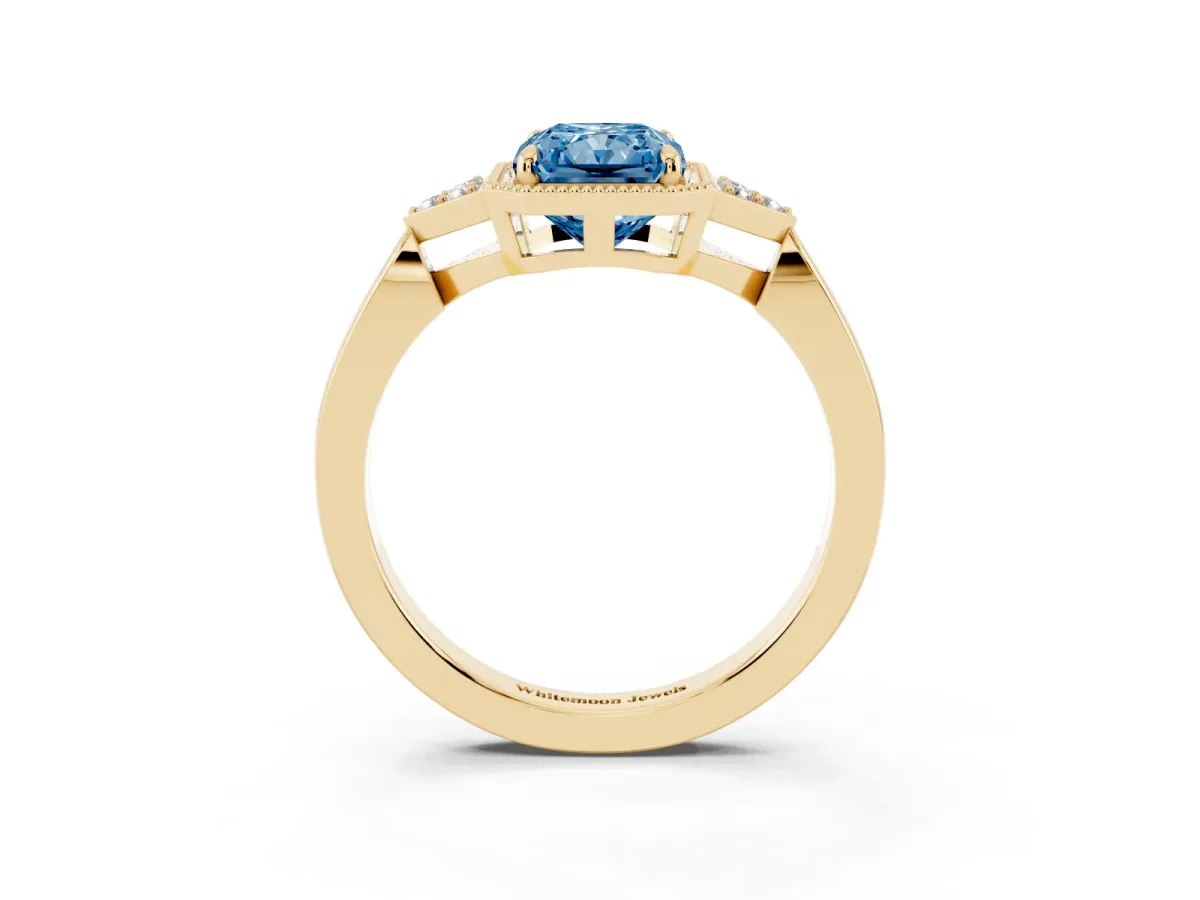 Fancy Blue Radiant Cut Diamond Halo Ring with Tapered Band and Four-Prong Setting Yellow gold