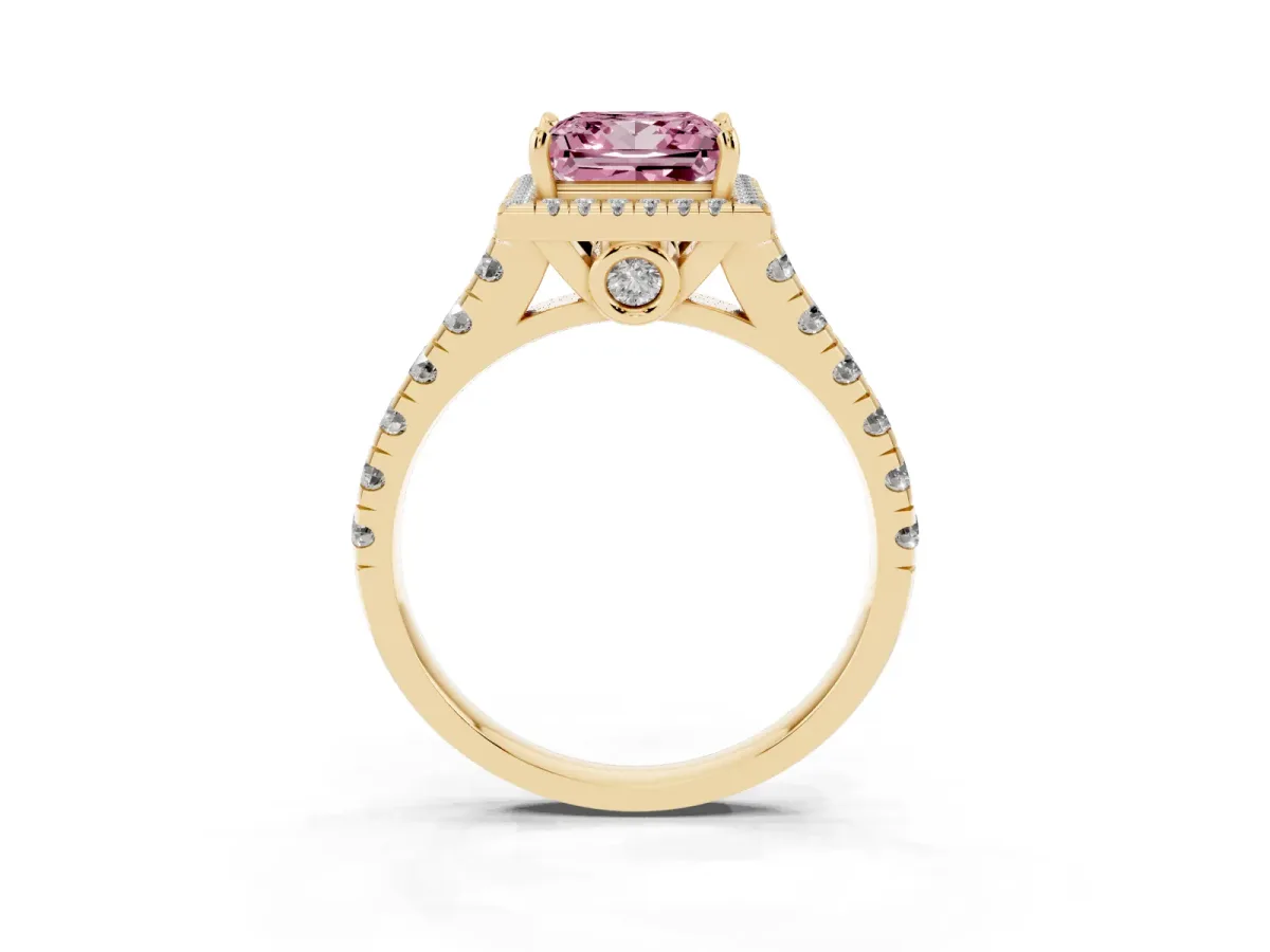 Fancy Pink Princess Cut Halo Pavé Diamond Engagement Ring with Four-Prong Setting Yellow gold