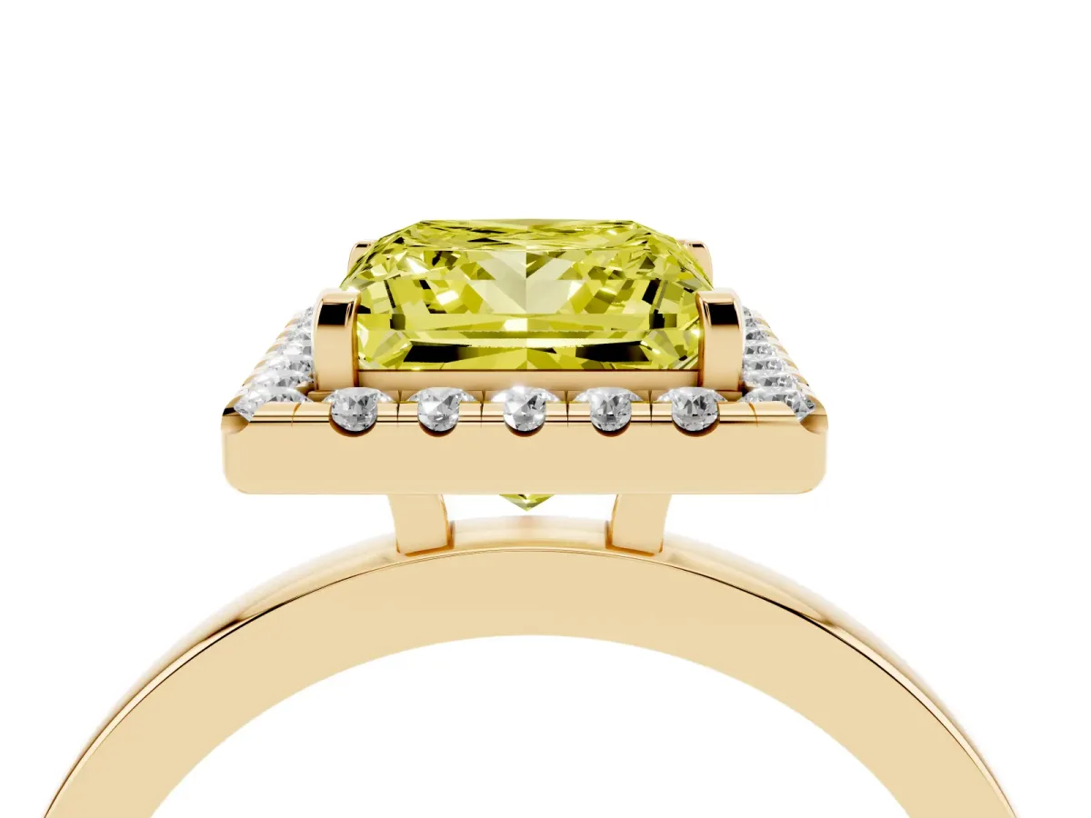 Fancy Yellow Princess Cut Halo Diamond Solitaire with Pavé Band and Four-Prong Setting Yellow gold