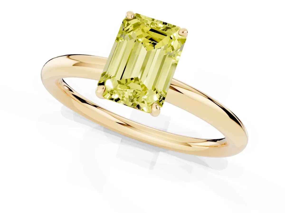 Fancy Yellow Emerald Cut Solitaire Diamond Ring with Four-Prong Setting on a Plain Band Yellow gold