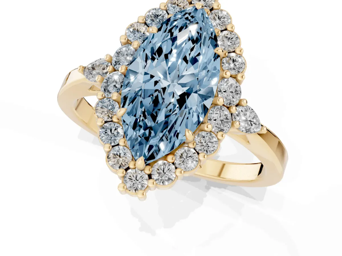 Fancy Blue Marquise Cut Diamond Halo Ring with Pear Side Stones and Prong Setting Yellow gold