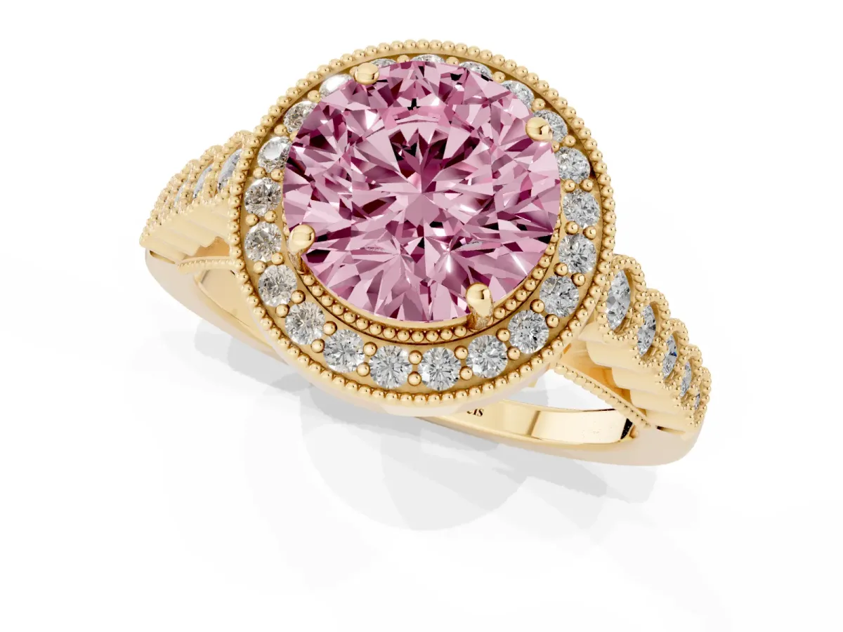 Fancy Pink Round Cut Halo Milgrain Solitaire with Bezel Set Side Stones and Pave Band Yellow gold