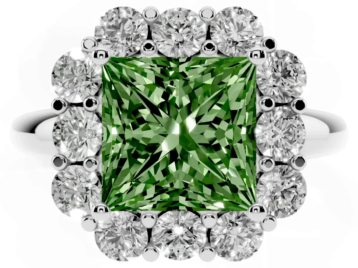 Fancy Green Princess Cut Halo Milgrain Solitaire with Bezel Set Side Stones and Pave Band Silver