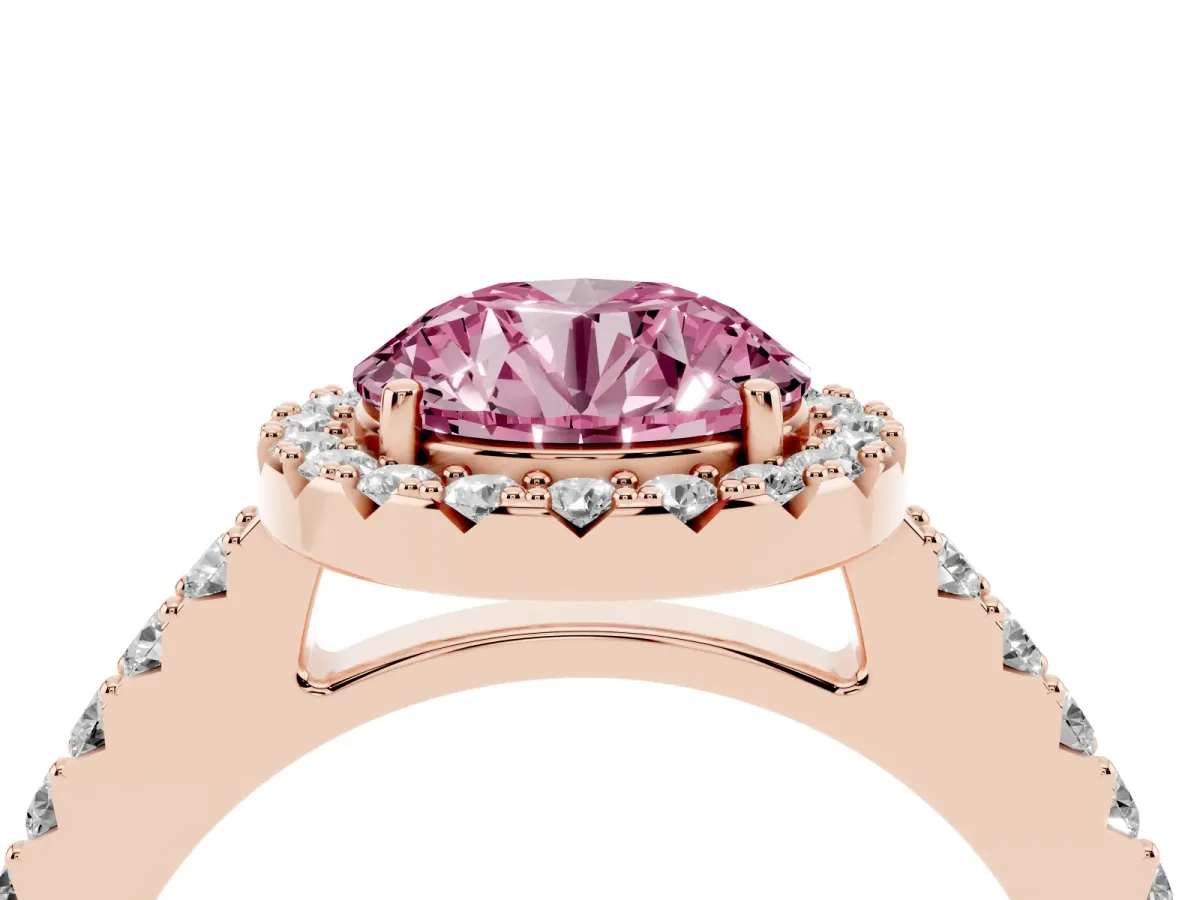 Fancy Pink Round Cut Halo Diamond Pavé Solitaire Ring Rose gold