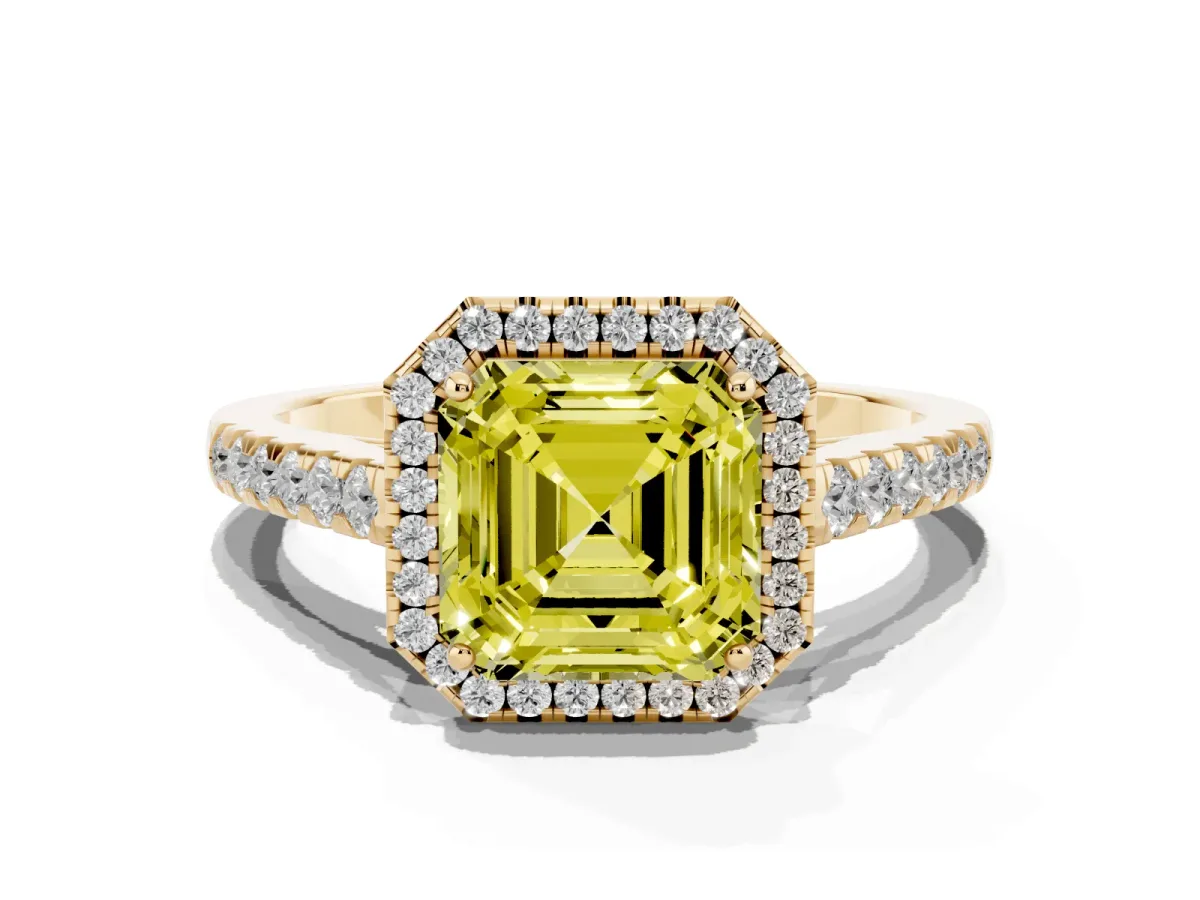 Fancy Yellow Asscher Cut Halo Pave Diamond Engagement Ring with Four-Prong Setting Yellow gold