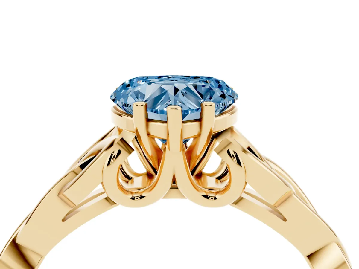 Fancy Blue Heart Cut Diamond Solitaire Engagement Ring with Celtic Knot Band and Four-Prong Setting Yellow gold