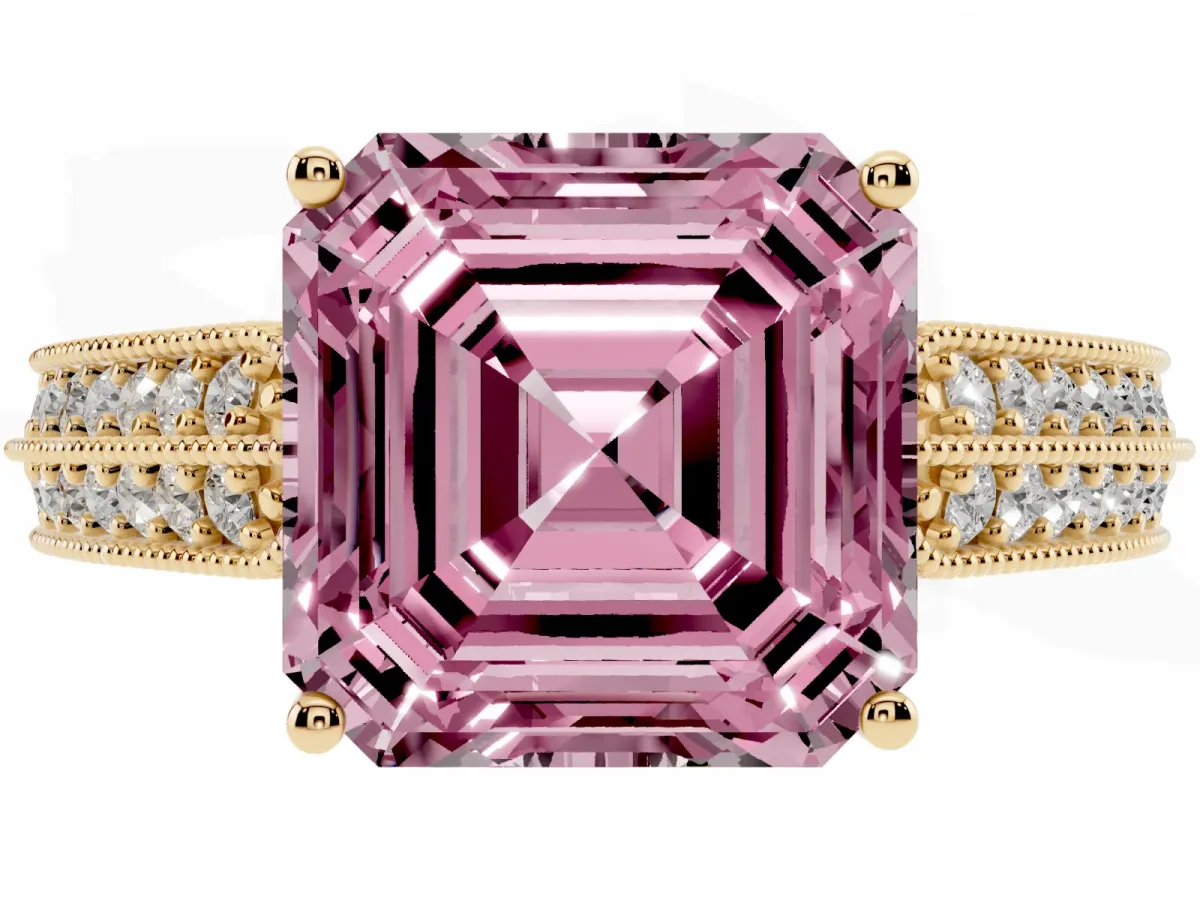 Fancy Pink Asscher Cut Cut Pave Split Shank Engagement Ring with Four-Prong Setting Yellow gold