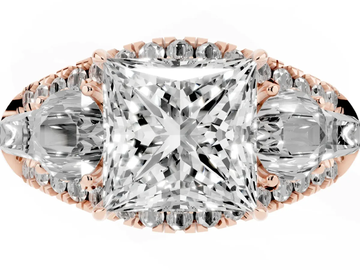 Three-Stone Princess Cut Diamond Engagement Ring with Pave Band and Prong Setting Rose gold