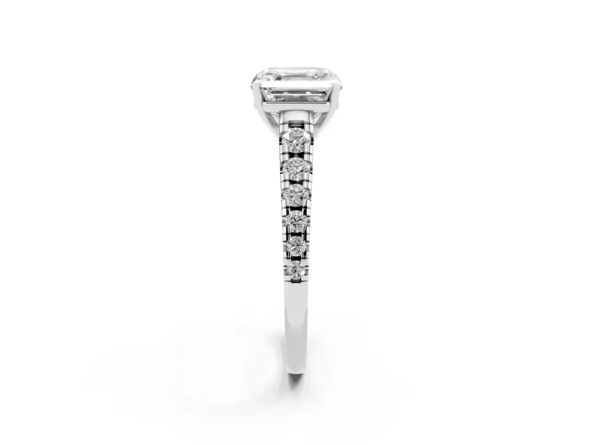 Asscher Cut Diamond Cathedral Solitaire Ring with Round Pavé Band Silver