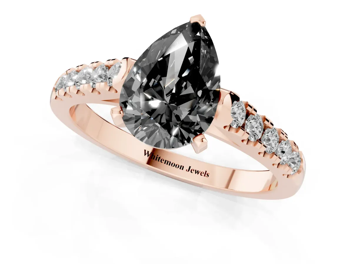 Fancy Black Pear Cut Diamond Pavé Band Solitaire Ring with Prong Setting Rose gold