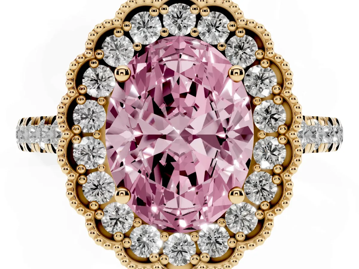 Fancy Pink Oval Cut Cut Diamond Milgrain Floral Halo Engagement Ring with Pavé Band Yellow gold