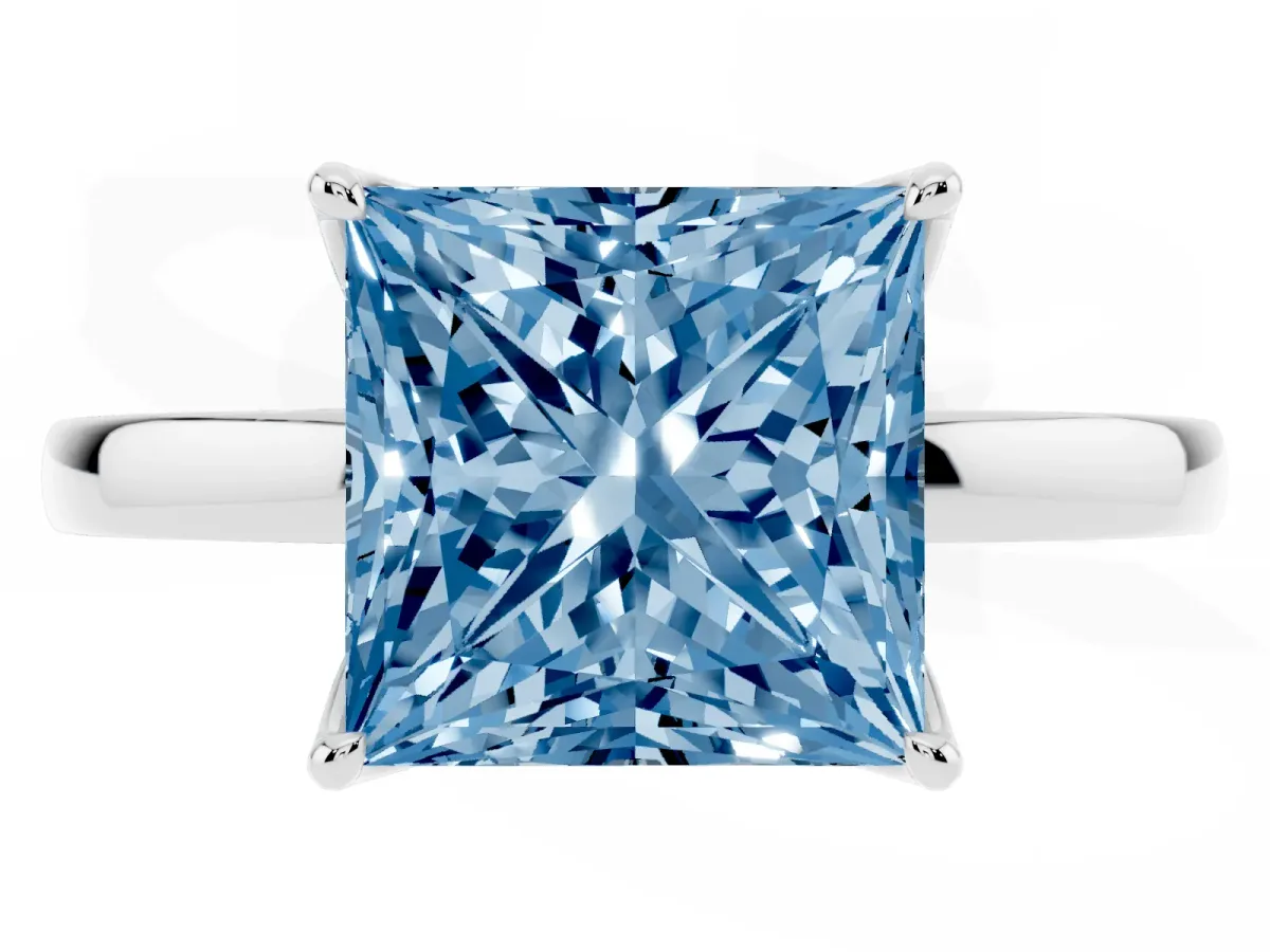 Fancy Blue Princess Cut Diamond Solitaire Ring with Thin Band and Prong Setting Platinum