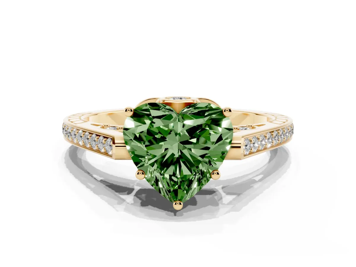 Fancy Green Heart Cut Cut Cathedral Pave Diamond Engagement Ring with Six-Prong Setting Yellow gold