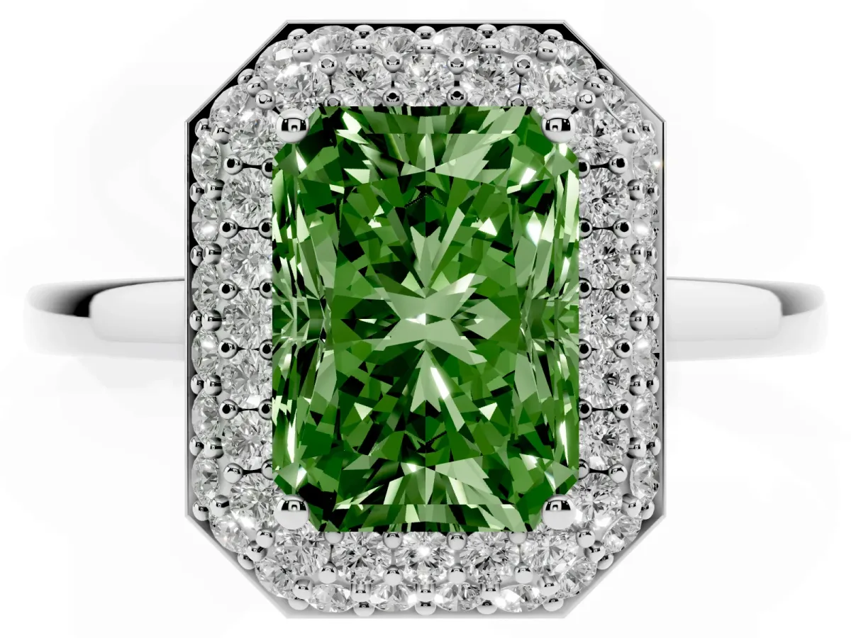 Fancy Green Radiant Cut Halo Diamond Engagement Ring with Solitaire Band and Four-Prong Setting Silver