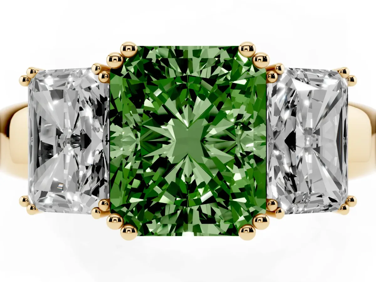 Fancy Green Three-Stone Radiant Cut Cut Diamond Ring with Channel Set Band and Four-Prong Setting Yellow gold