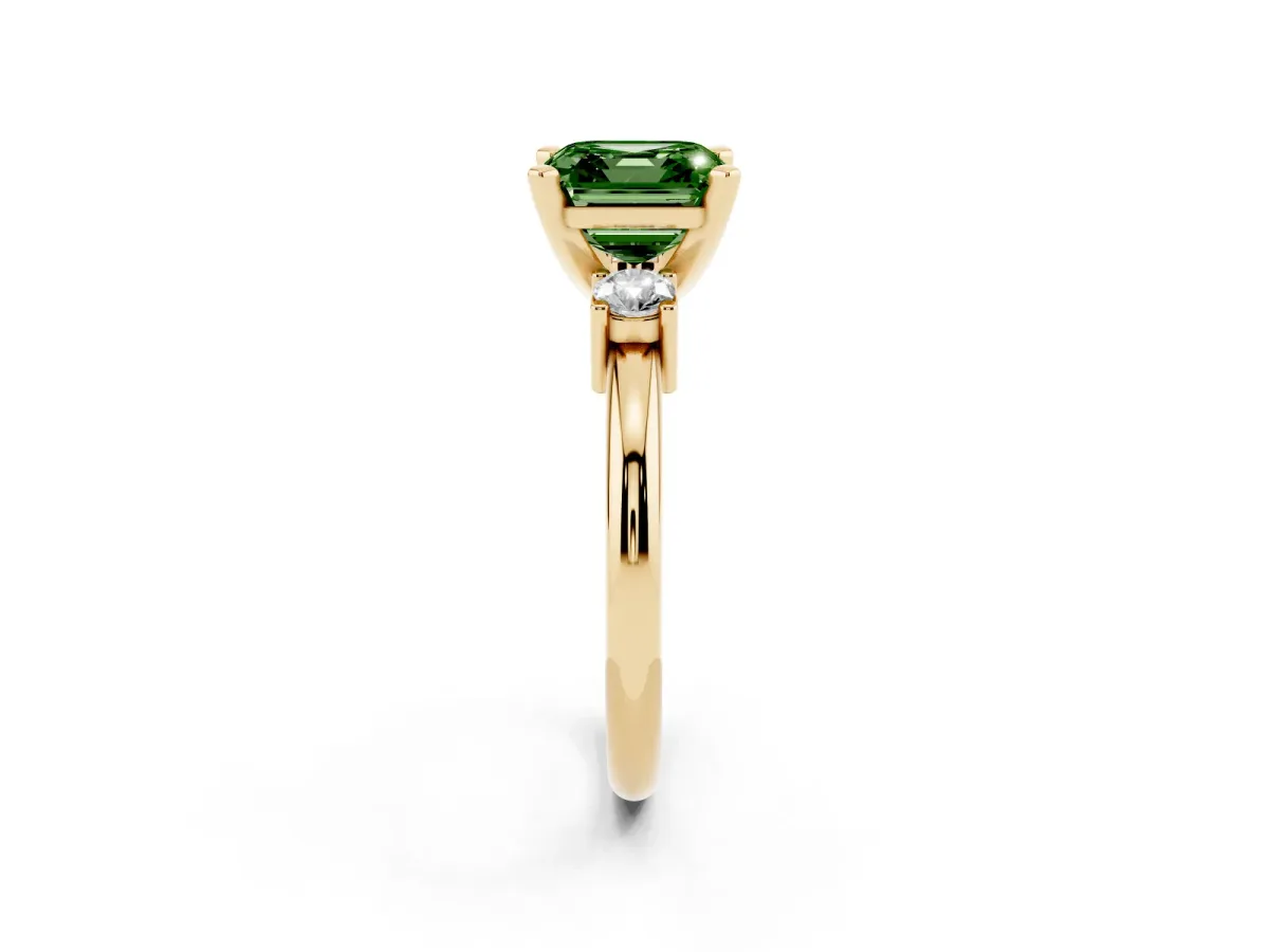Fancy Green Three-Stone Asscher Cut Cut Diamond Solitaire with Prong Setting and Classic Band Yellow gold