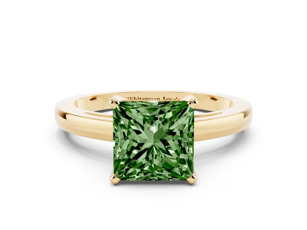 Fancy Green Princess Cut Solitaire Diamond Engagement Ring with Four-Prong Setting on a Classic Band Yellow gold