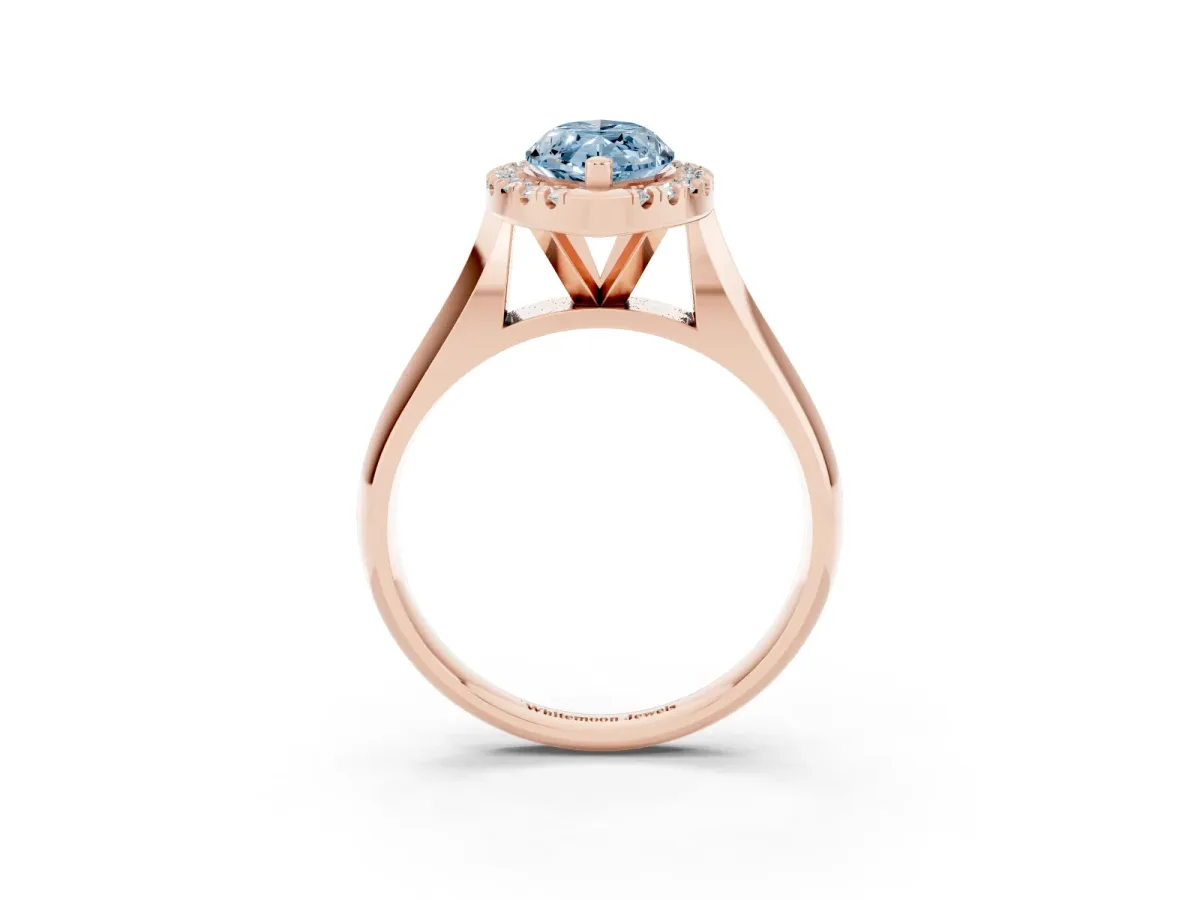 Fancy Blue Marquise Cut Cut Halo Solitaire Engagement Ring with Square Band and Four-Prong Setting Rose gold