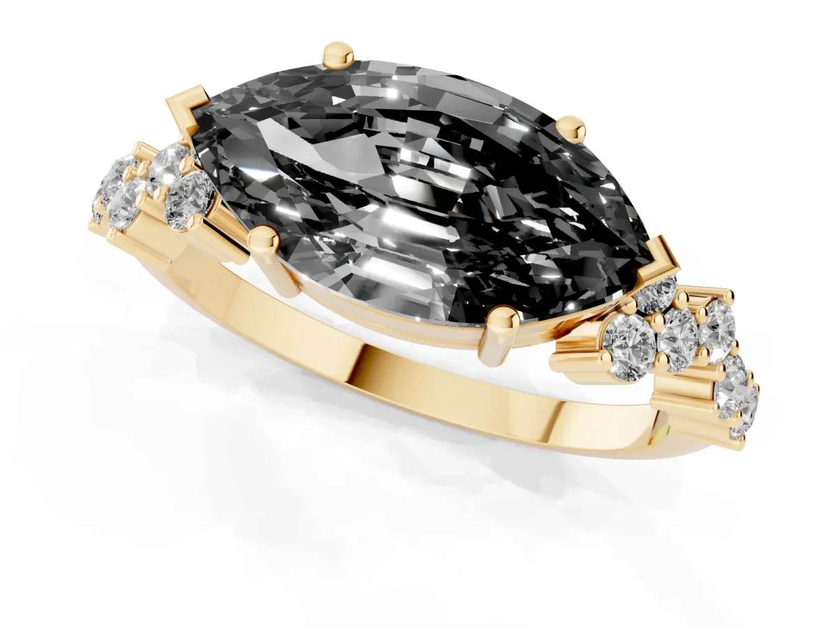 Fancy Black Marquise Cut Diamond Scattered Round Accent Ring with Prong Setting Yellow gold