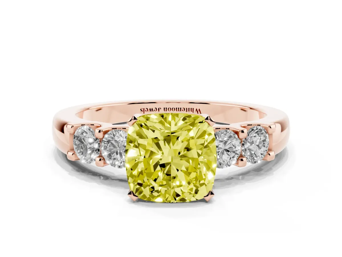 Fancy Yellow Cushion Cut Brilliant Cut Diamond Five-Stone Prong Set Engagement Ring with Channel Band Rose gold