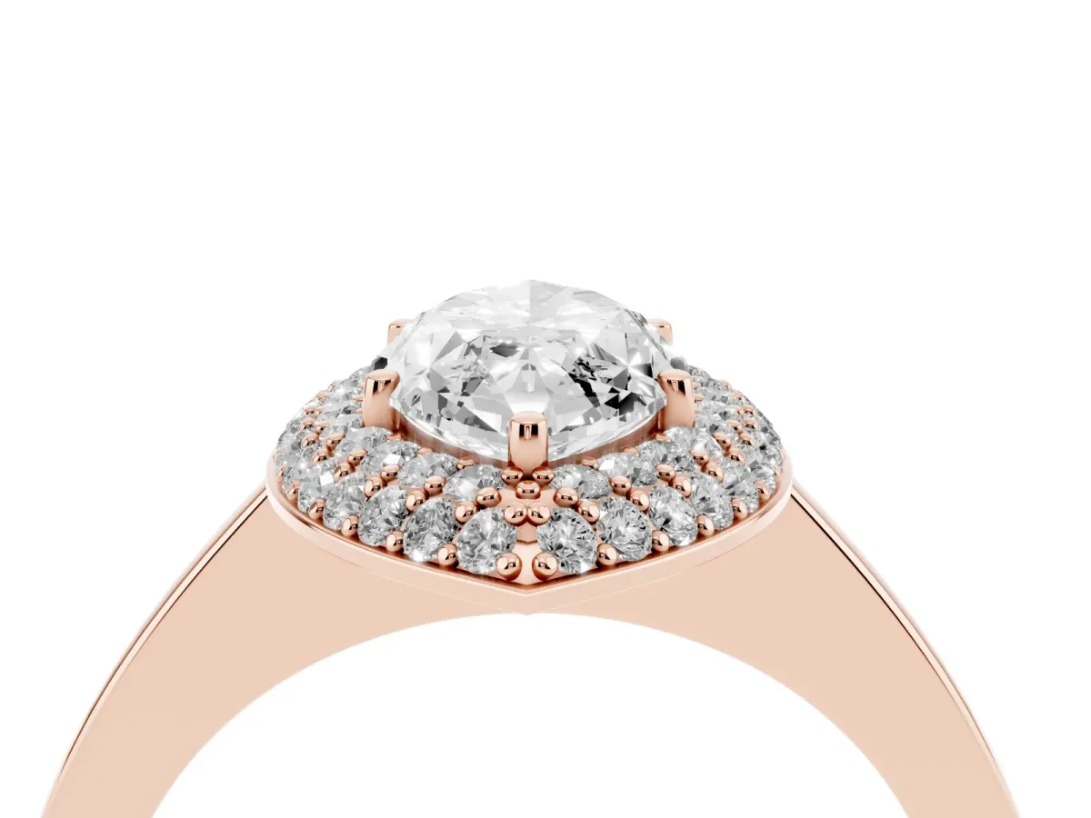 Marquise Cut Halo Diamond Engagement Ring with Solitaire Band and Four-Prong Setting Rose gold