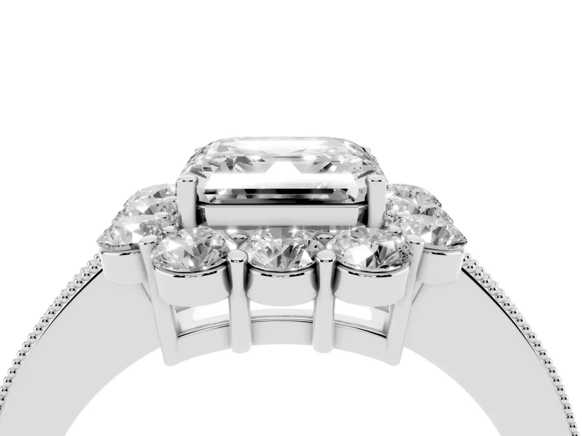 Asscher Cut Cut Halo Diamond Pavé Engagement Ring with Milgrain Detailing Platinum